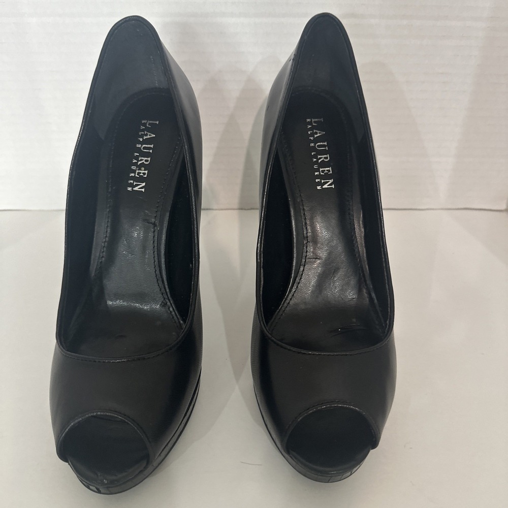 Ralph Lauren Brea Stiletto Black Leather Snake Skin Pattern 4" Heels SIZE 7.5